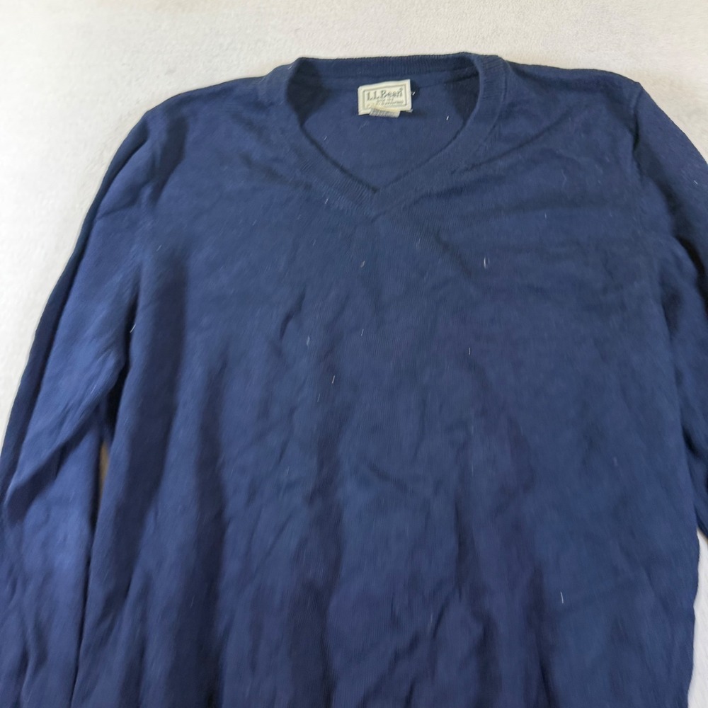 LL Bean Mens Navy Blue V-Neck Cotton Cashmere Blend Sweater 274603 Large Regular